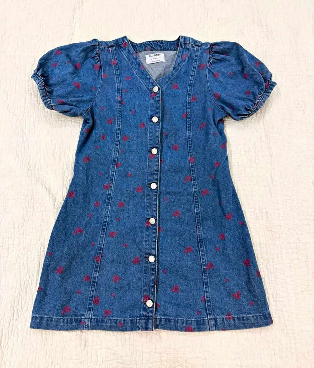 Old Navy Girls Denim A-Line Dress XL (14-16) Plus Heart Button Front V-Neck